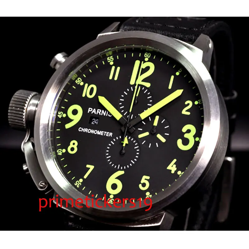 

Quartz movement green marks 50mm PARNIS black dial leathe day date men's watch