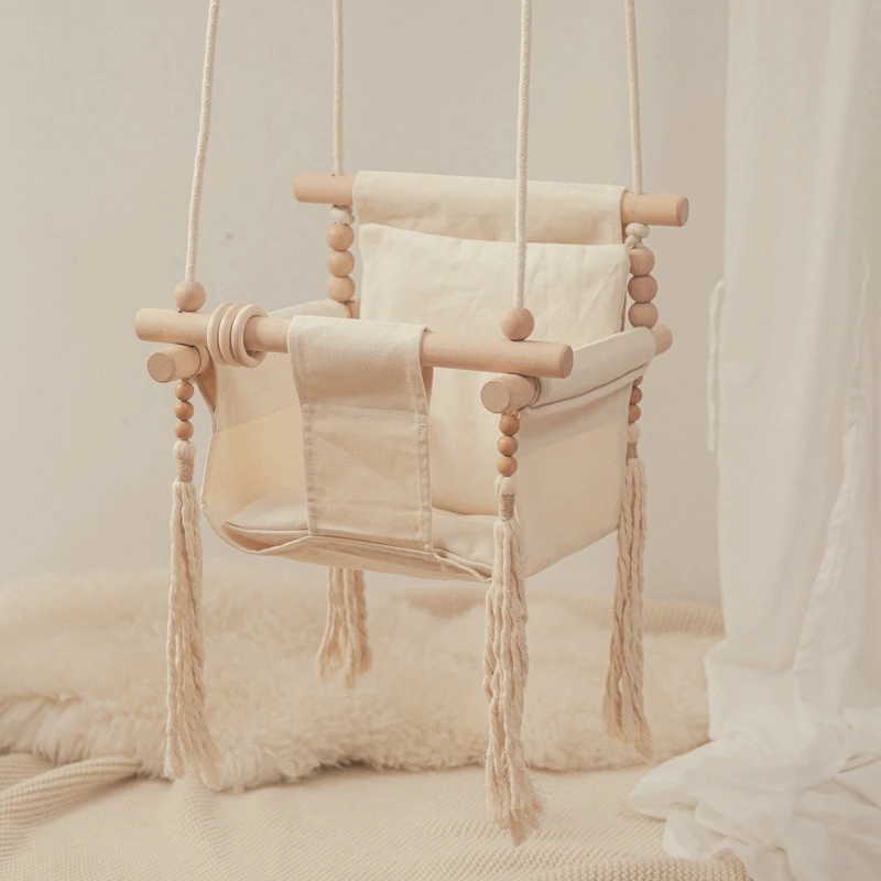 Baby Swing Canvas Children Wooden Hanging Chair Outdoor Nursery Toys Children Tassel Rocking Chair 3