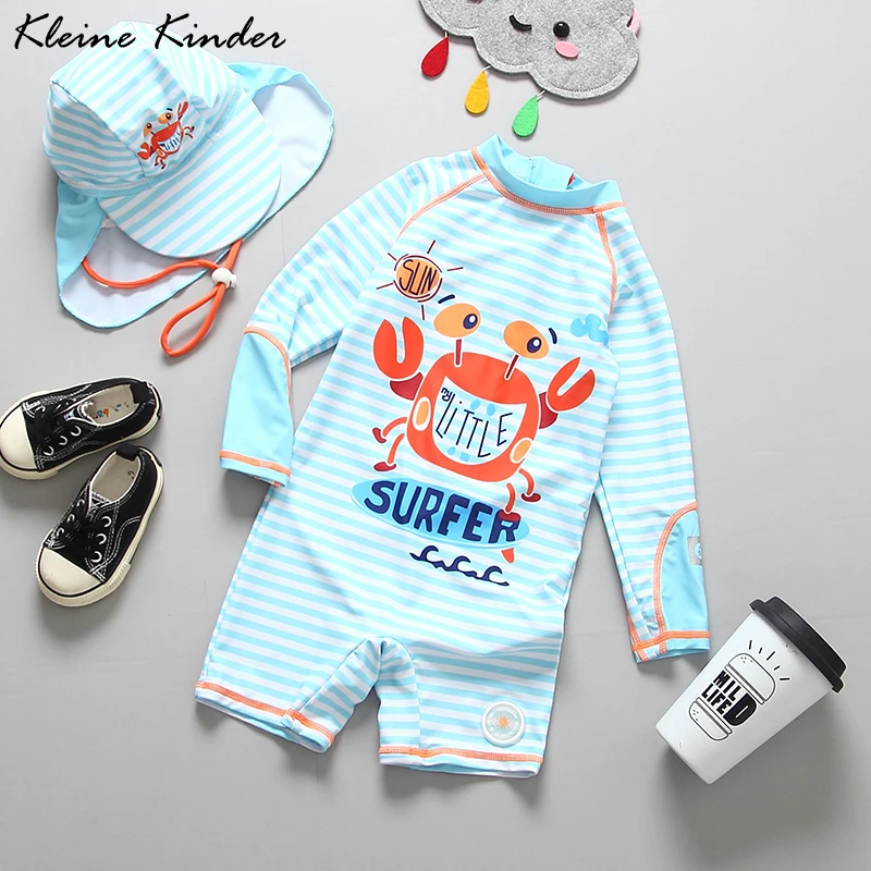 

Swimwear Boys Long Sleeve Baby Swimming Suit Cartoon Crab Print UPF 50 UV Protection Children Swimsuit One Piece with Sun Cap