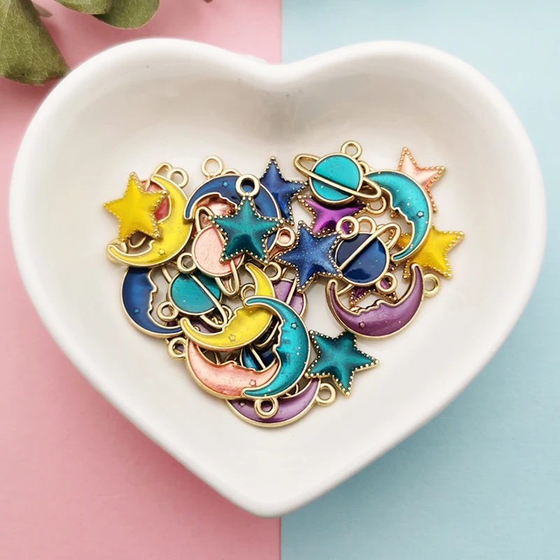 

20pcs Mini Colorful Star Moon Planet Enamel Charms Pendant Gold Color Metal Charm Finding Fit DIY Earrings Jewelry Accessories