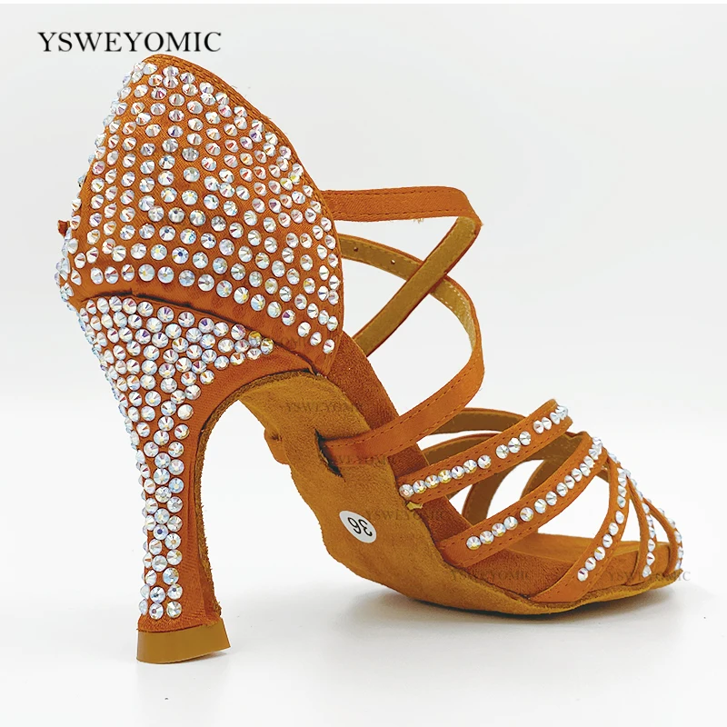 2021 Spring Style Latin Salsa Dance Shoes Tan Satin Colorful Shiny Rhinestones High Heel Cuban 9cm Dancing Shoes For Women