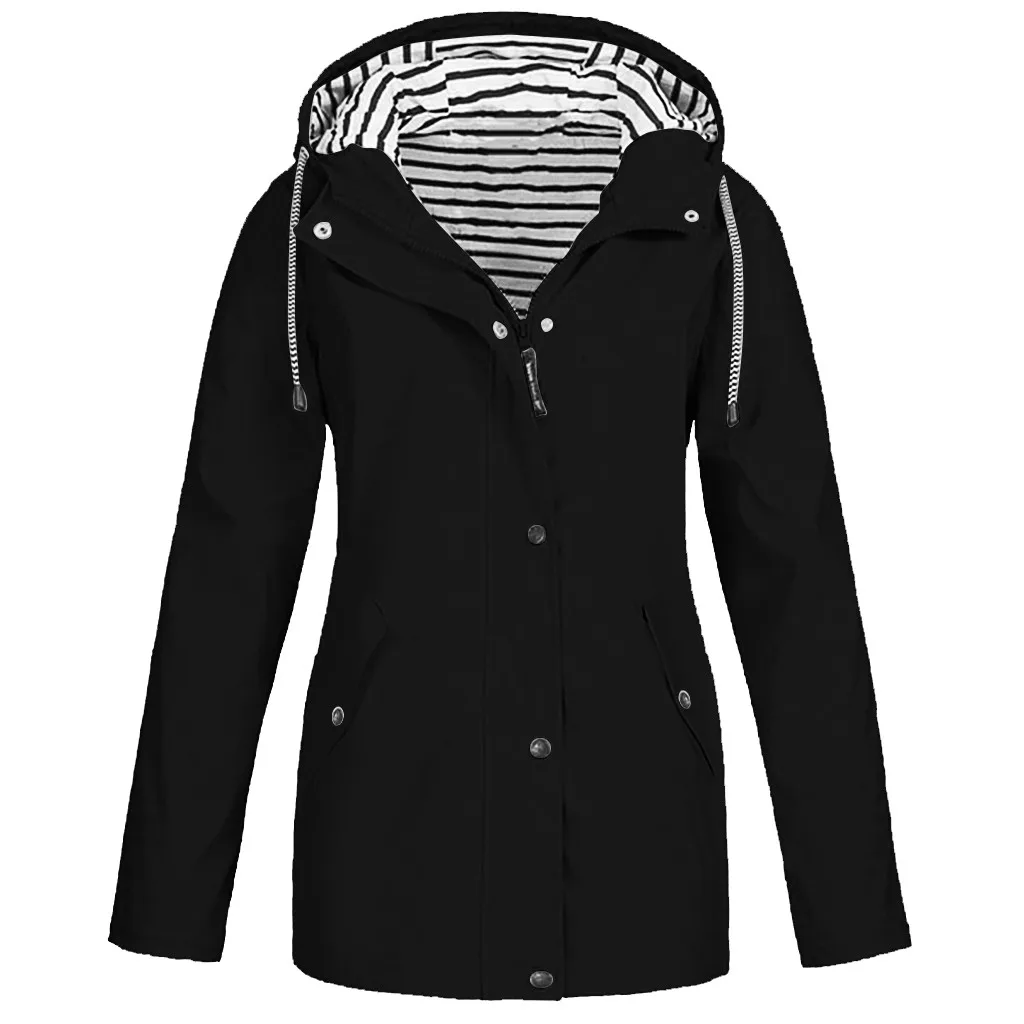 Женская куртка, верхняя одежда, пальто, модная женская однотонная дождевик, куртка для улицы размера плюс, водонепроницаемый плащ с капюшоном, ветрозащитное пальто C840 - Цвет: BK