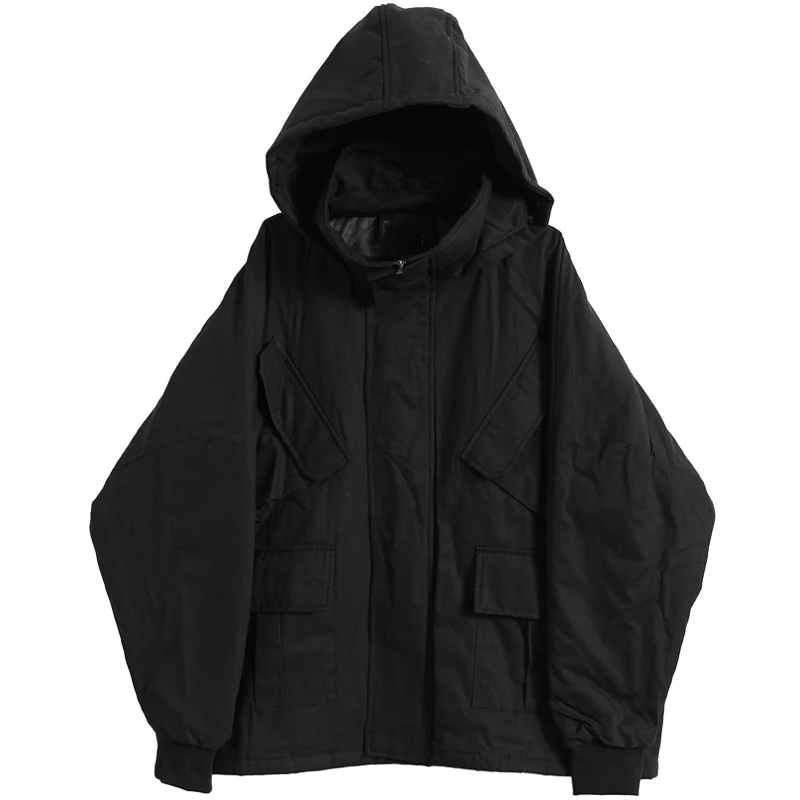 Men's Cotton-Padded Coat Hooded Coat Winter New Thickened Cargo Wind Pocket Decoration Urban Youth Leisure Loose Large Coat