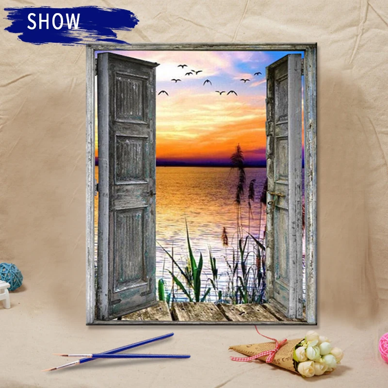 CHENISTORY 40x50cm Frame Painting By Numbers For Adults Handmade DIY Framed  Front Door Beach Scenery Paint By Number Arts