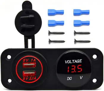 

DC 12V - 24V LED Digital Voltmeter + Dual USB Outlet Power Socket Panel 2.1A/1A Charger for Car Boat Marine Rv Truck ATV Caravan