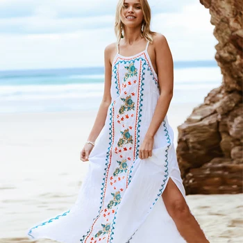 

GypsyLady White Floral Embroidered Dress Summer Women Strappy Maxi Dress Sleeveless Long Dress Vintage Boho Beach Holiday Dress