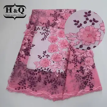 

H&Q Pink African Lace Fabric 3D Flower Tulle Lace Fabric 5Yards/piece Embroidery French Mesh Lace with Beads For Wedding Dress