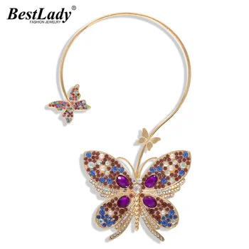 

Best lady Luxury Crystal Butterfly Pendant Necklace for Women Bohemian Multi Color Cuff Chokers Wedding Statement Necklace New