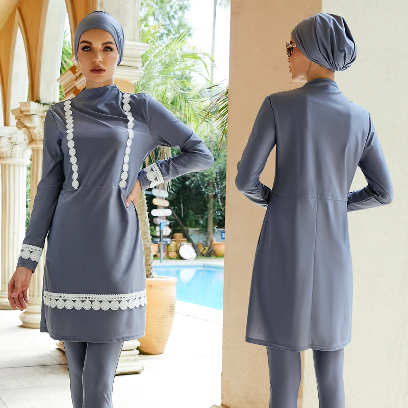 Costumi Da Bagno Musulmani Da Donna Costumi Da Bagno Burkini Mujer Moslem Musp2 Maillot De Bain Femme Manica Lunga Grigia Intera Con Sciarpa Cappuccio