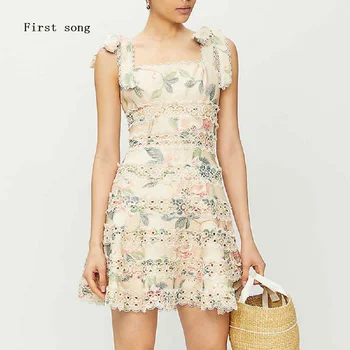 

Skinny straps hollow embroidery lace women's sexy mini dress 2020new summer wrapped chest retro elegant printed women's dress XL