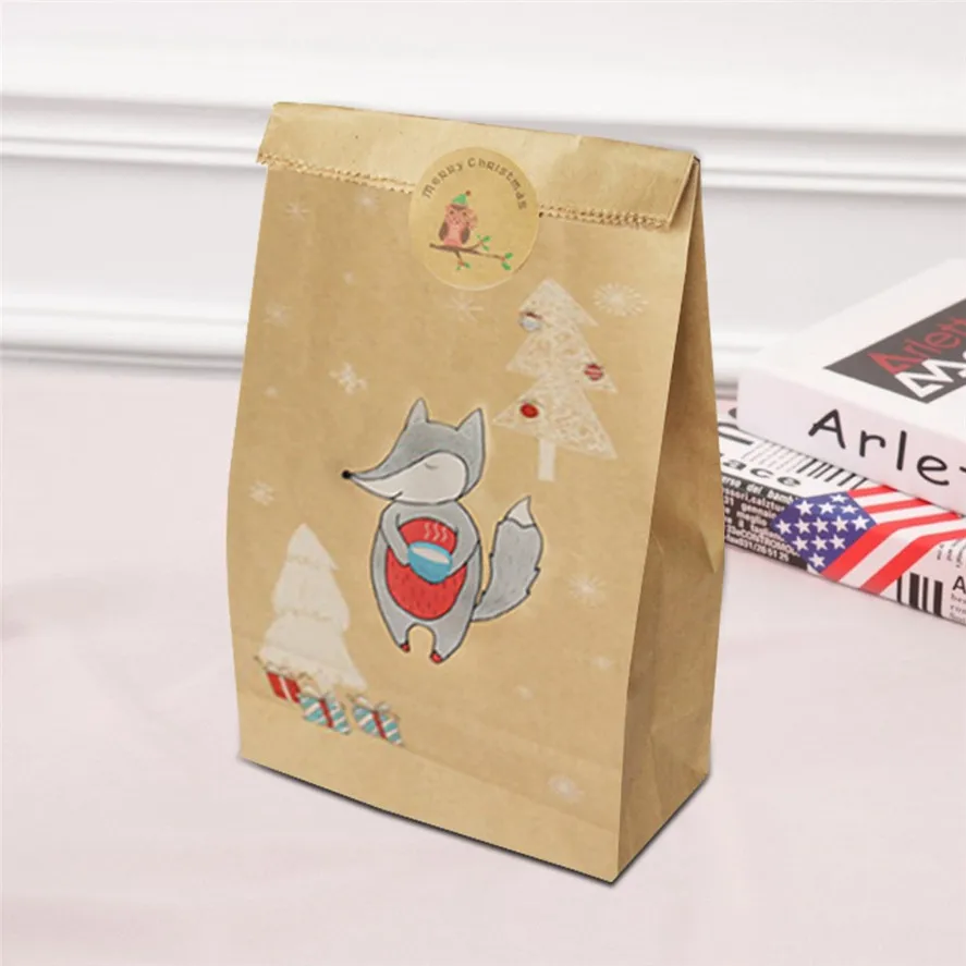 New Christmas Paper Candy Bags 24pcs Foxes Gift Food Package Packing Xmas Stickers Kraft 1115#30 | Дом и сад