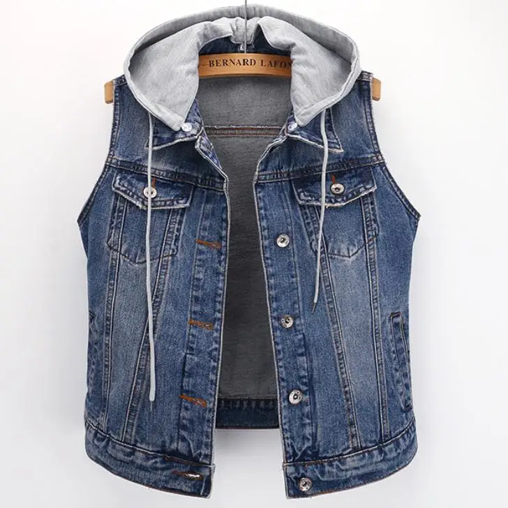 

plus size 5XL!Spring Autumn Women Hooded Sleeveless Denim Vest Women Short Denim Vests Jeans Jacket