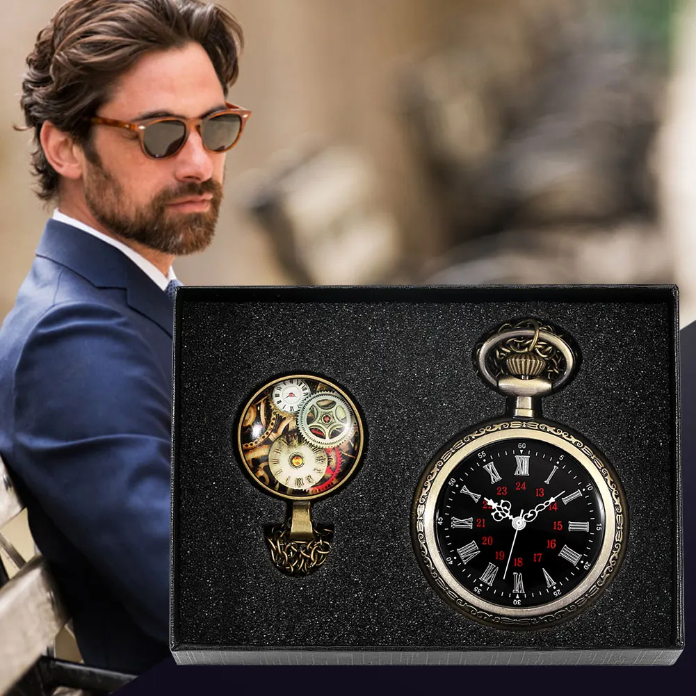 Pocket Watch Set Men's Quartz Watch Roman Numeral Dial Women's Pendant Clock Alloy Necklace with Accessories Gifts Box for Man