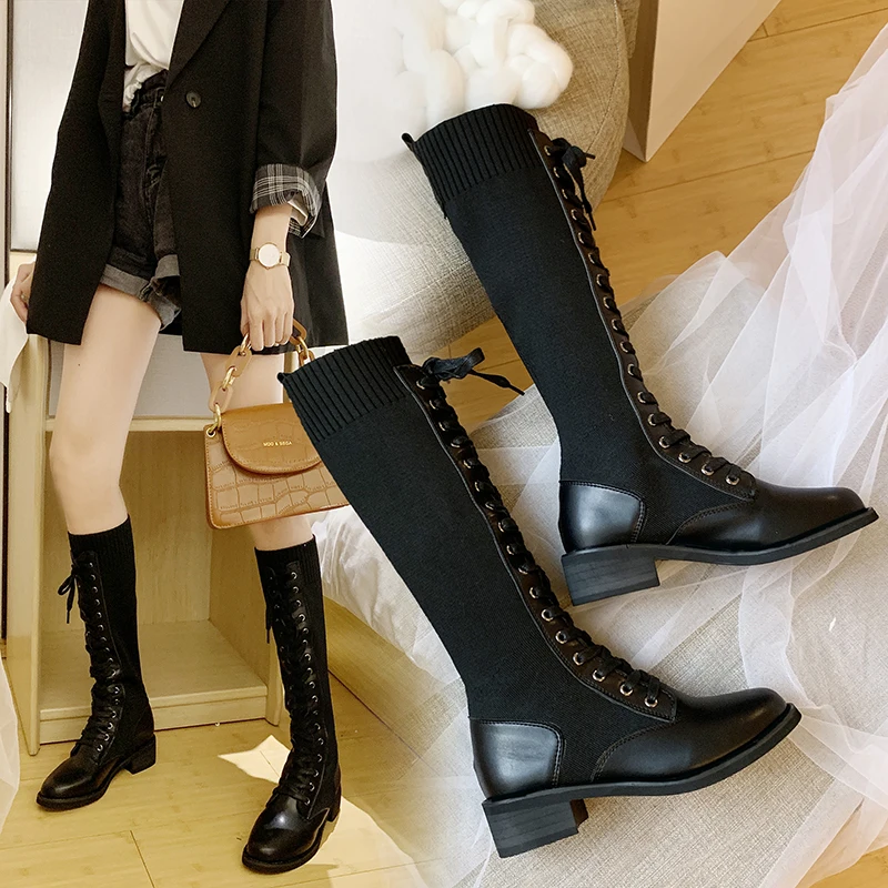 

Lace Up Boots Women's Rubber Shoes Rain Booties Ladies Round Toe Bootee Woman 2019 Low Heels booties Autumn Mid Calf Women's