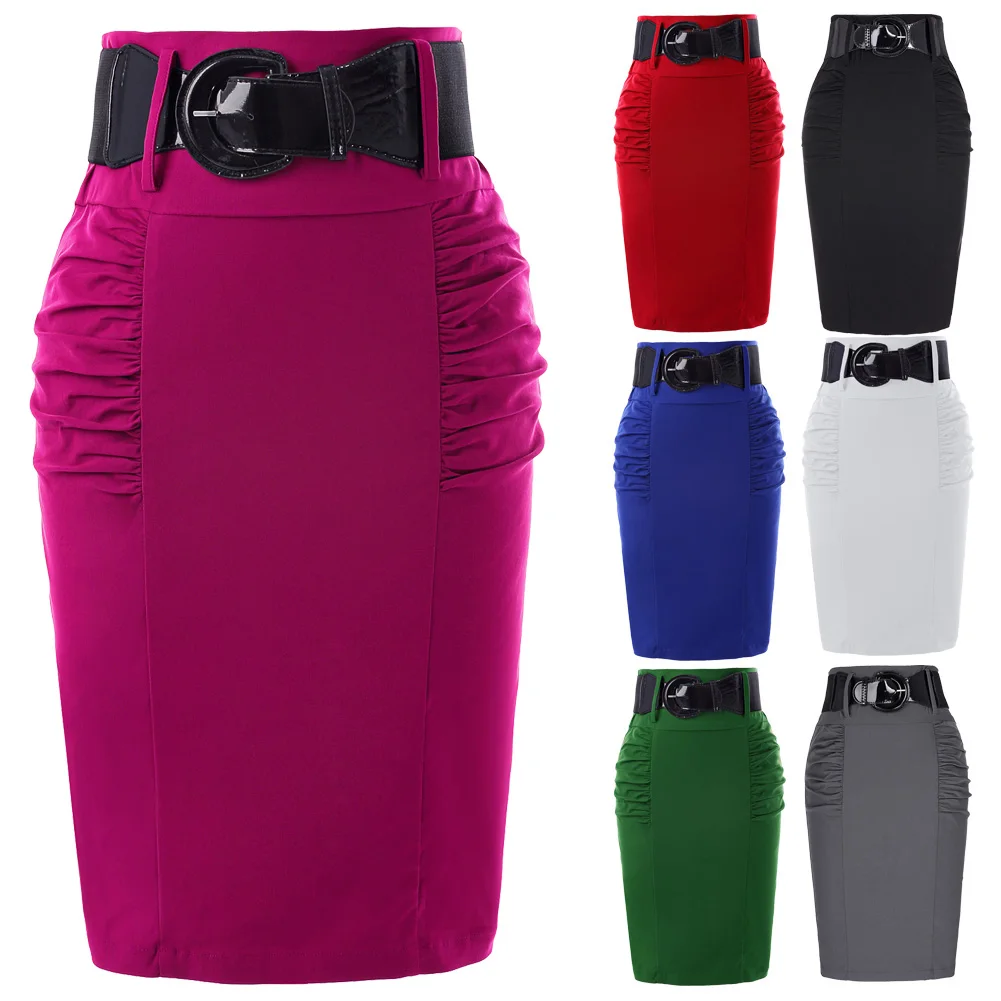 Kate Kasin Women Skirts Office Pencil Skirt  Belt Slim Fit Summer Bodycon Skirts Elegant High Waist Femme Skirts