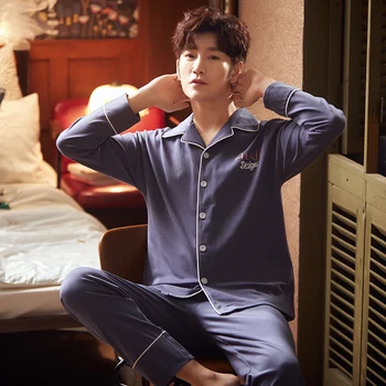 

Men Pyjama Set Cotton Spring Long Sleeve Plaid Men Pajama Suit Nightwear Collar Pijama Male Sleepwear Two Piece XXXL