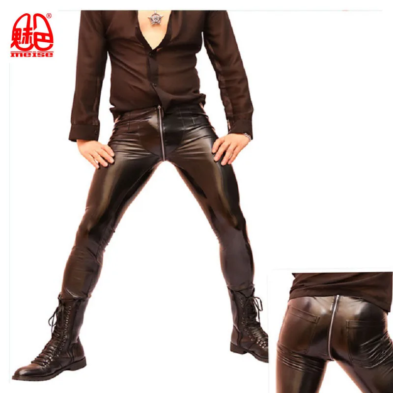 Description Picture 3 of itemMens Bottoms High Stretch Tight PU Faux Leather Skinny Pencil Pants Casual Trousers Zipper Open Crotch Punk Style Stage Leggings