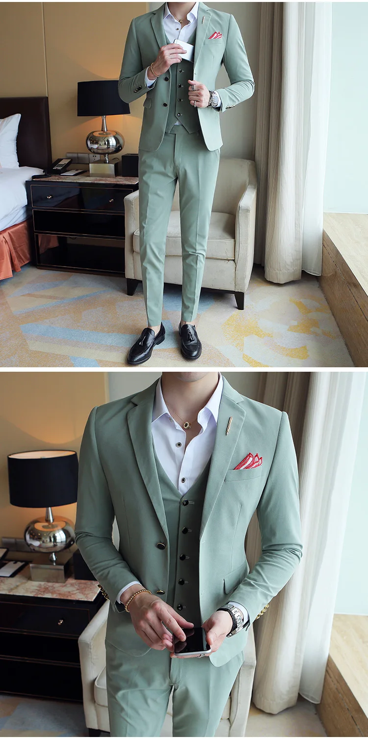 Мужской зеленый свадебный или выпускной костюм, наборы, приталенные мужские деловые костюмы жениха, вечерние смокинги, 3 предмета, пиджак, жилет, брюки