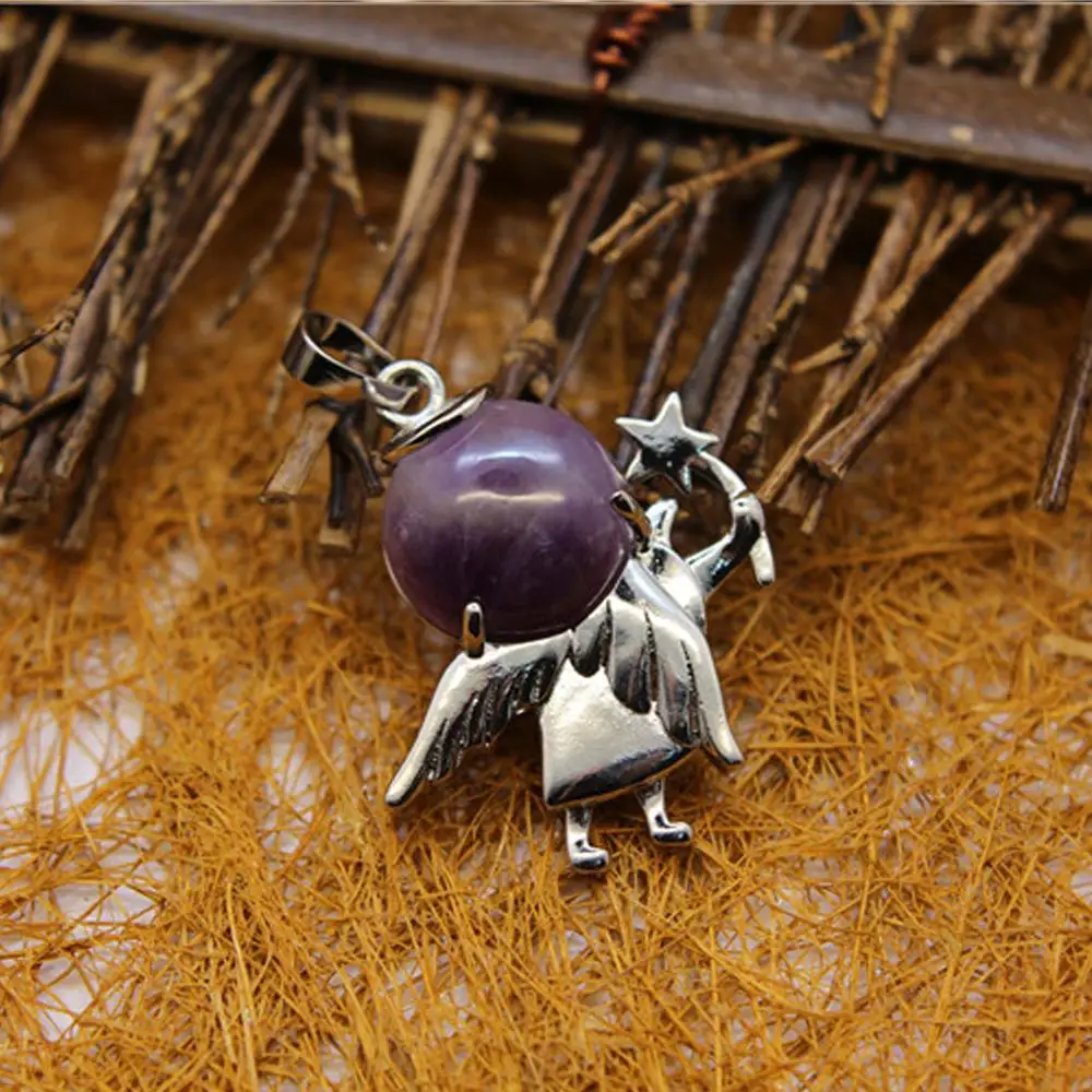 

12pcs Natural Stone Gold sand stone angel Necklace Pendants Lucky Amulet Quartz Treat Crystal Charm for Jewelry Making Free