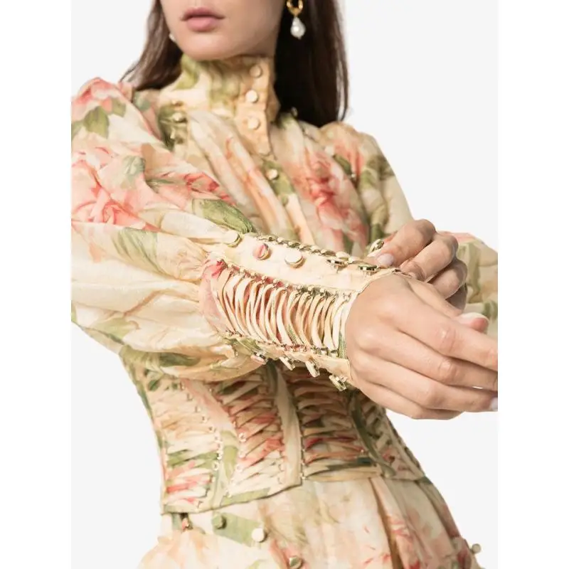 10,8 высокое качество Мандарин воротник фонарь рукав принт оборки асимметричное официальное платье Талия уплотнение дизайн платье для женщин