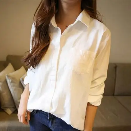 Women's Shirt 2020 Full Sleeve Lady Vintage Classic Basic Cotton Long Blouse Chic Pocket White Tops Women Autumn blusasLJ149 |