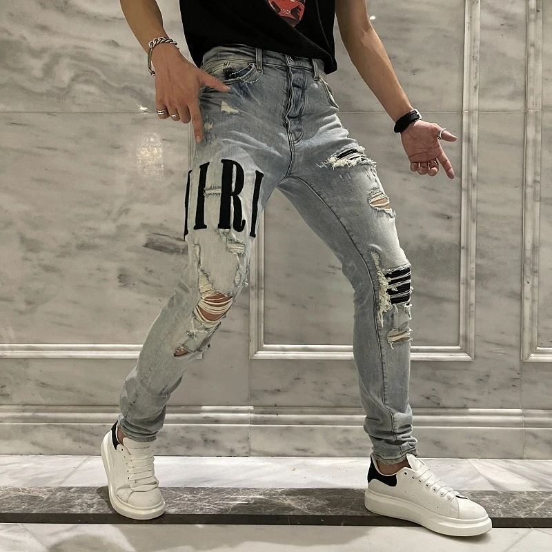 Pantalones ajustados con bordadas para hombre, Calzados hechos de pegatinas antiguas, moda de venta al por menor, estilo Hip hop|Pantalones vaqueros| - AliExpress