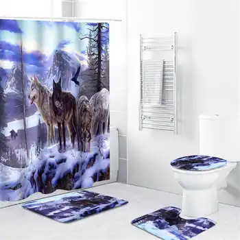 

1/3/4PCS Snow Wolf Waterproof Shower Curtain Bathroom Curtain Luxury Bath Curtain 3 Pieces Toilet Seat Cushion With 12pcs Hooks