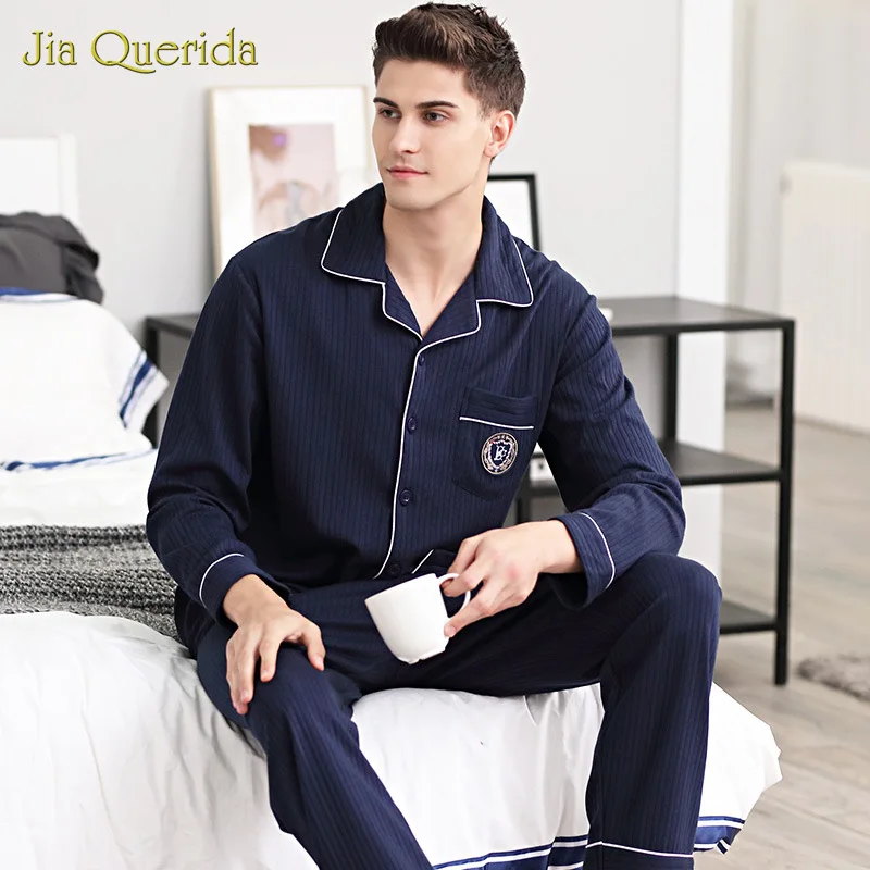 

Men's Pajamas Long Sleeve Pure Cotton Set Autumn Winter Cardigan Button Cotton Male Pajamas Set for Men Navy Blue Mens Nightwear