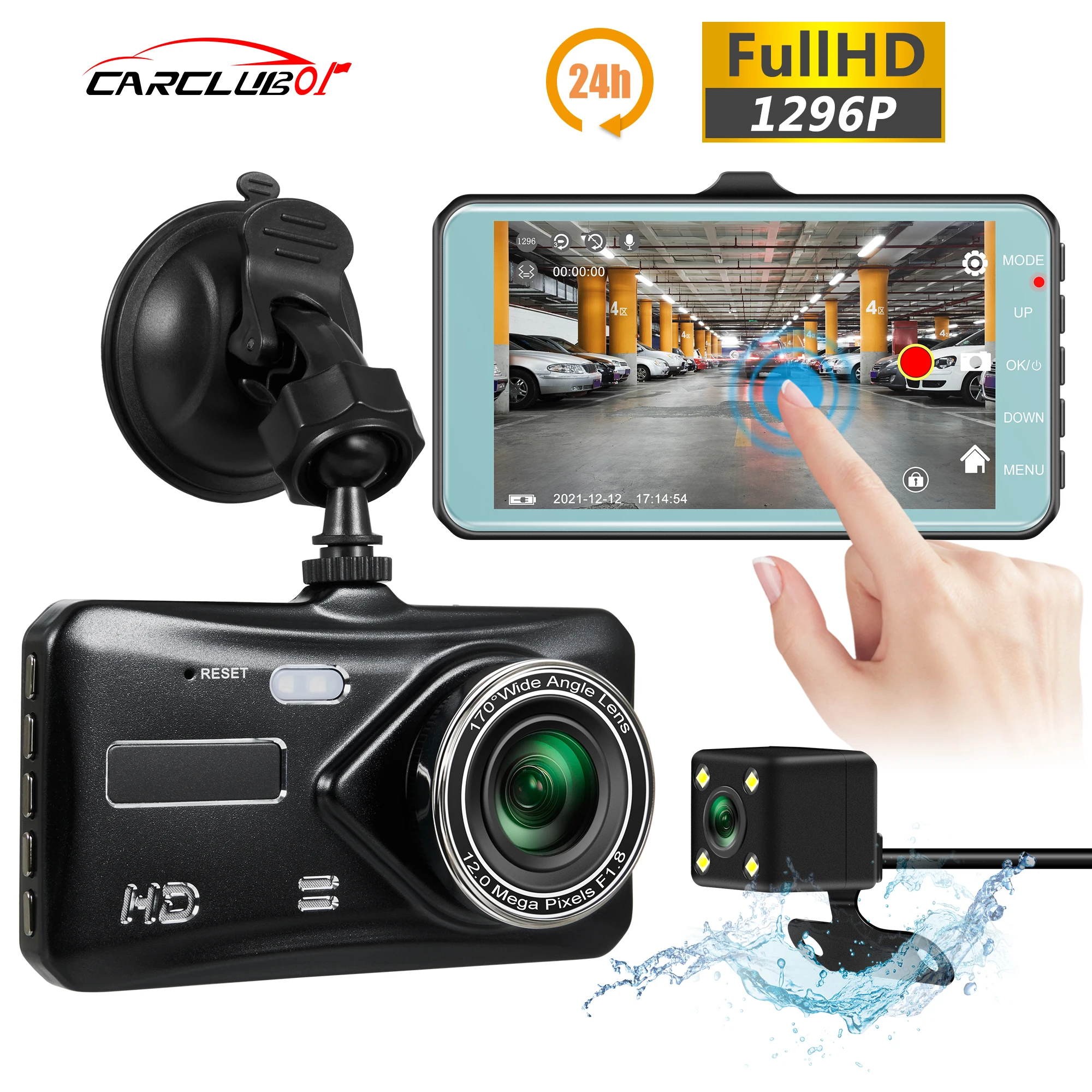 24-часовой Автомобильный видеорегистратор с сенсорным экраном HD 1296P