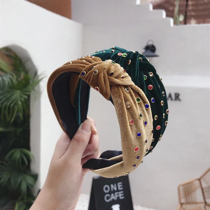 New Temperament Gold Velvet Hair Bands for Women Soild Color Hot Drilling Knot Wide Headband Boutique Hair Accessories Head Wrap