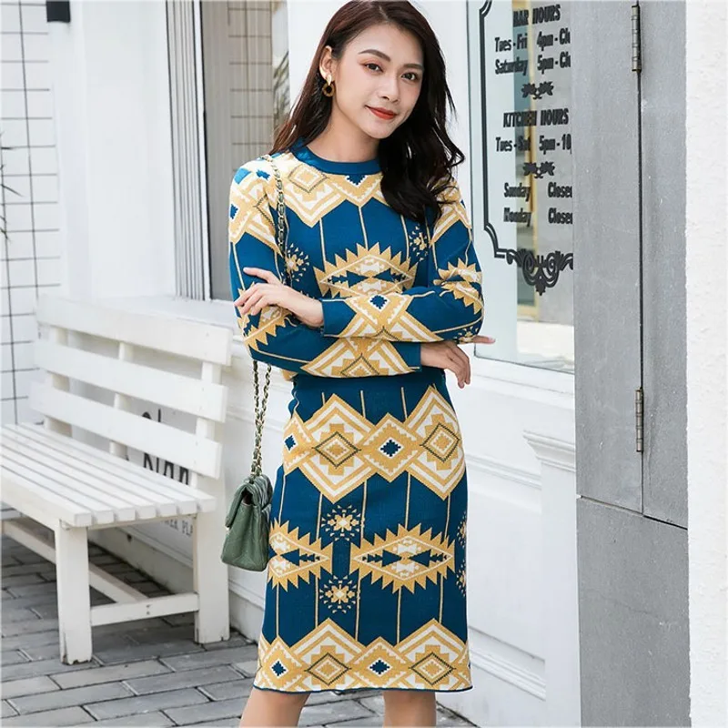 

2019 Autumn Winter Women Popular Knee Length SKirt Suits diamond Print Knitted Wool Sweater Pencil Skirt Sets