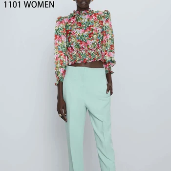 

2020 NEW Summer women‘s colourful floral print pleated long sleeve O-Neck short shirt fashion casual female woman clothes