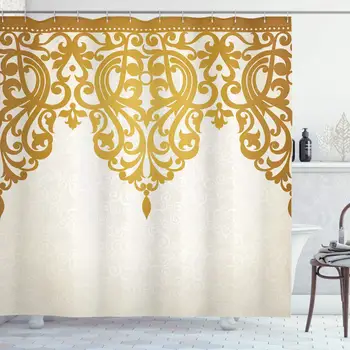 

Antique Shower Curtain, Victorian Style Medieval Motifs with Classic Baroque Oriental Shapes Print, Cloth Fabric Bathroom Decor