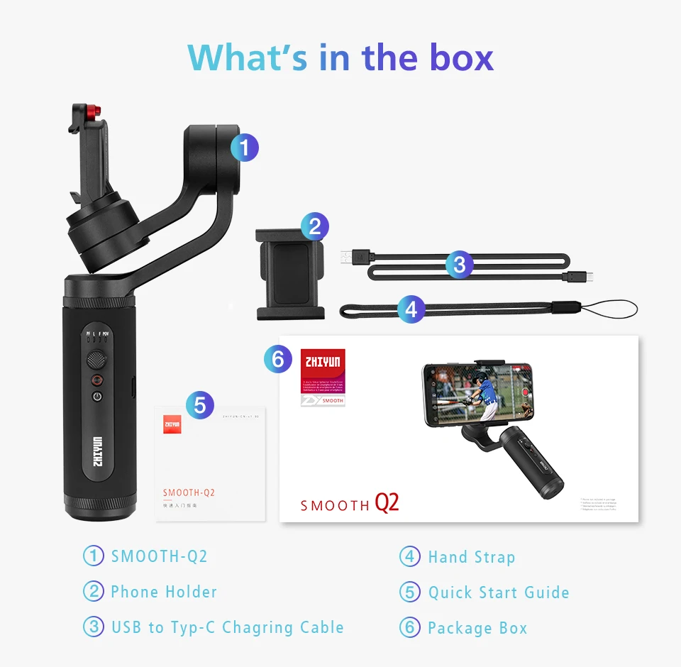 Zhiyun Smooth Q2 3-Axis смартфон ручной шарнирный стабилизатор для камеры GoPro, небольшой карман Размеры 360 градусов вращения для телефона 11 Pro Max S10 9