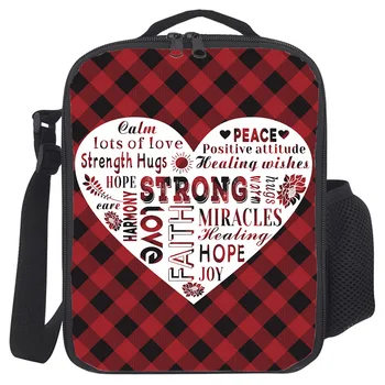 

Portable Lunch Bag For Women Kids Men Red Grid Love Healing Words Warmth Insulated Box Tote Bag Thermal Cooler Food Bag