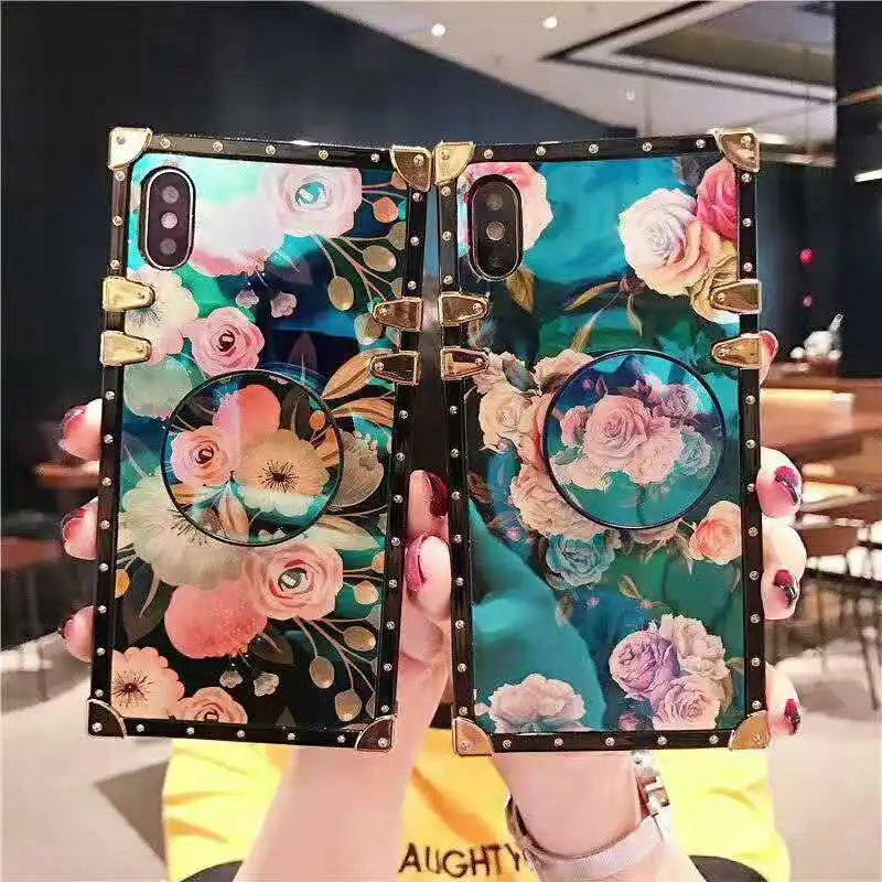 Luxury Blue Ray Flower Rose Square Silicone Holder Phone Case for iphone XR XS Max X 11 6 s 7 8 plus for samsung S9 S10 Note 10 (2)