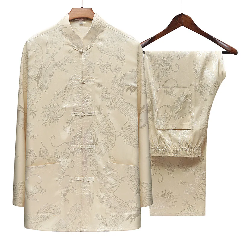 

2019 Chinese-style Long Sleeve Jacquard Stand Collar Chinese Costume Two-Piece Set Middle-aged Frog Chinese Clothing Shirt Casua