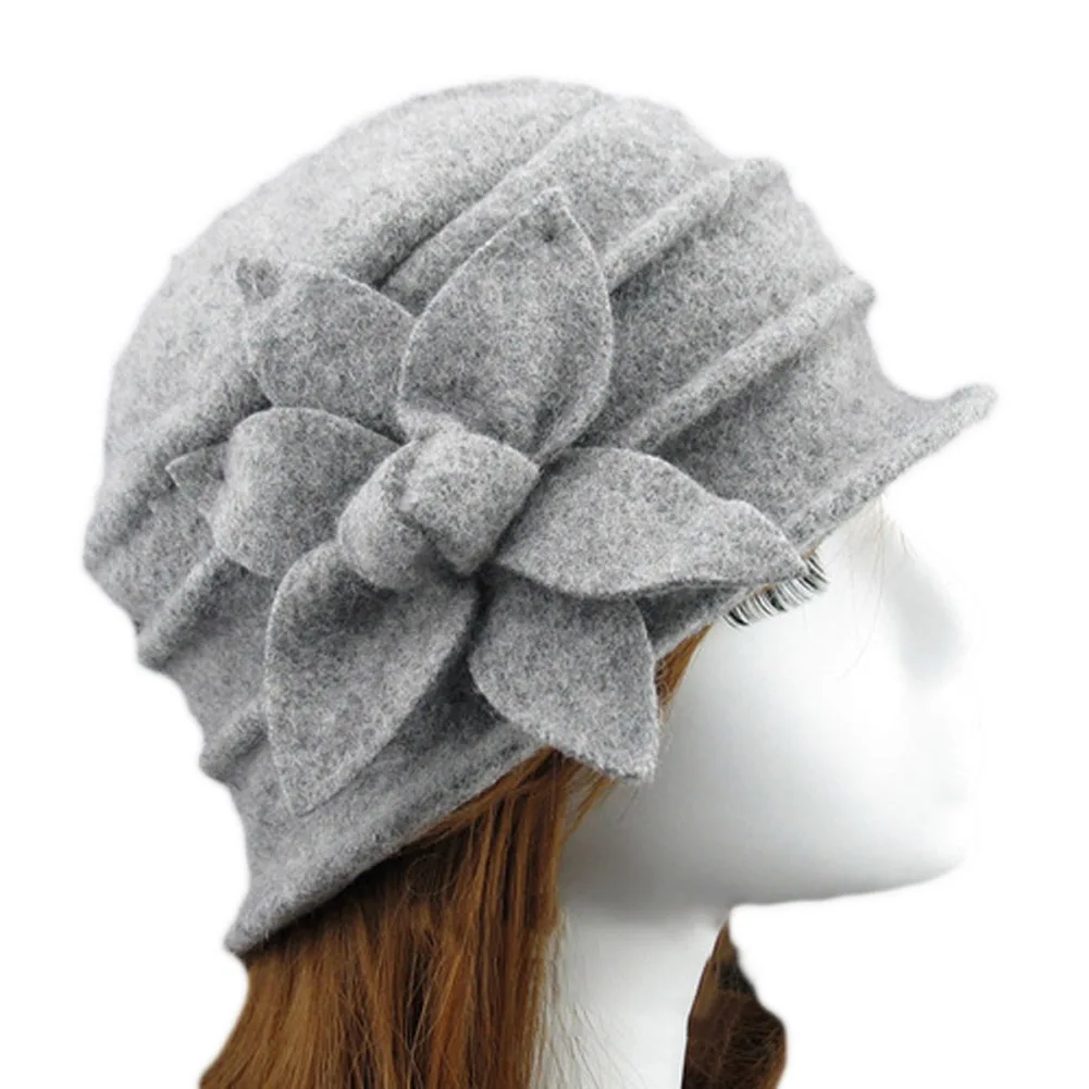 light grey Модная винтажная женская панама, одноцветная шерстяная шапка с цветочным украшением на осень и зиму, элегантные женские шапки для девочек, подарки EIG88 - Цвет: light grey