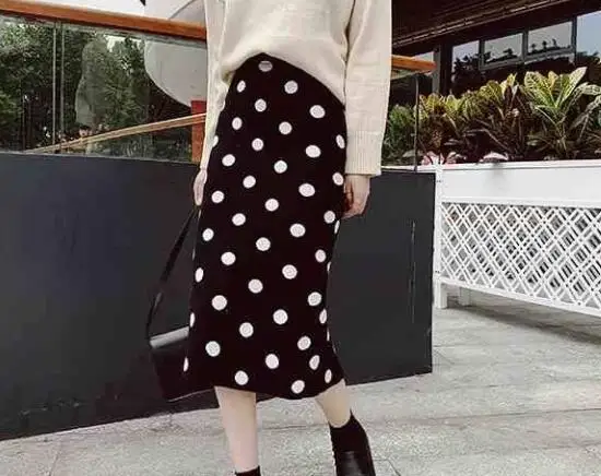 Heydress женские зимние эластичные вязаные юбки с разрезом винтажные женские прямые юбки в горошек повседневные уличные женские теплые миди юбки низ - Цвет: Черный