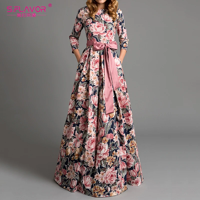Baratos S. FLAVOR Bohemian printing vestido largo cuello redondo 3 4 manga gran dobladillo mujeres Otoño Invierno vestido elegante casual vestidos de