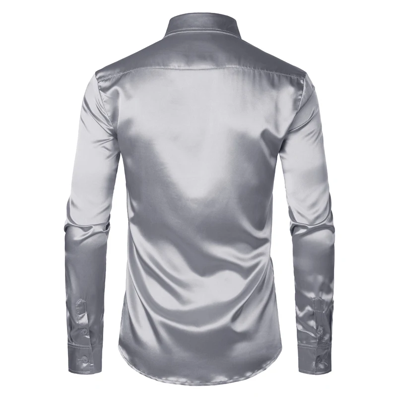 Kopen Mannen Satijn Luxe Dress Shirts Slim Fit Silk Casual Dance Party Shirt voor Mannen Lange Mouw Rimpel Gratis Smoking shirt Mannelijke Sliver