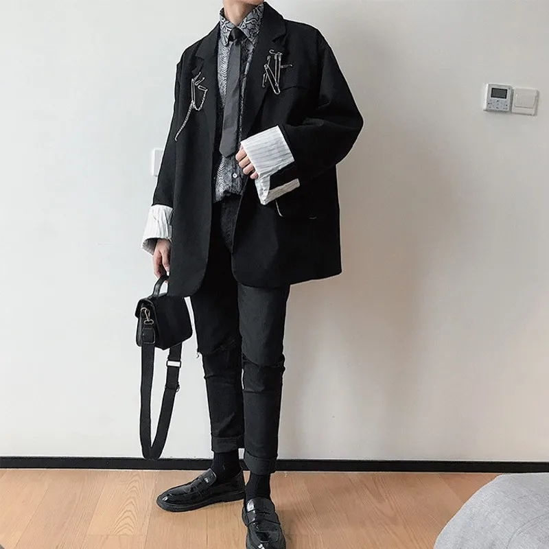 Designer Tassel Chains Vintage Japan Style Blazer Men Autumn Harajuku Black Loose Suit Jacket Male Casual Outerwear S-XL