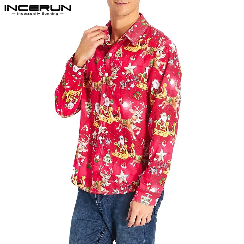INCERUN Мужская рубашка с рождественским принтом, с длинными рукавами и пуговицами, Camisa, воротник с отворотом, модная высококачественная повседневная рубашка, Мужская Уличная одежда