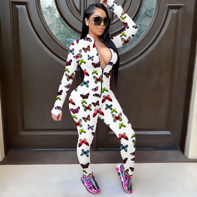 Women Butterfly Print Sexy Long Sleeve Bodycon Jumpsuit Rompers 2020 Front Zipper Clubwear Outfits One-Piece Rompers 1