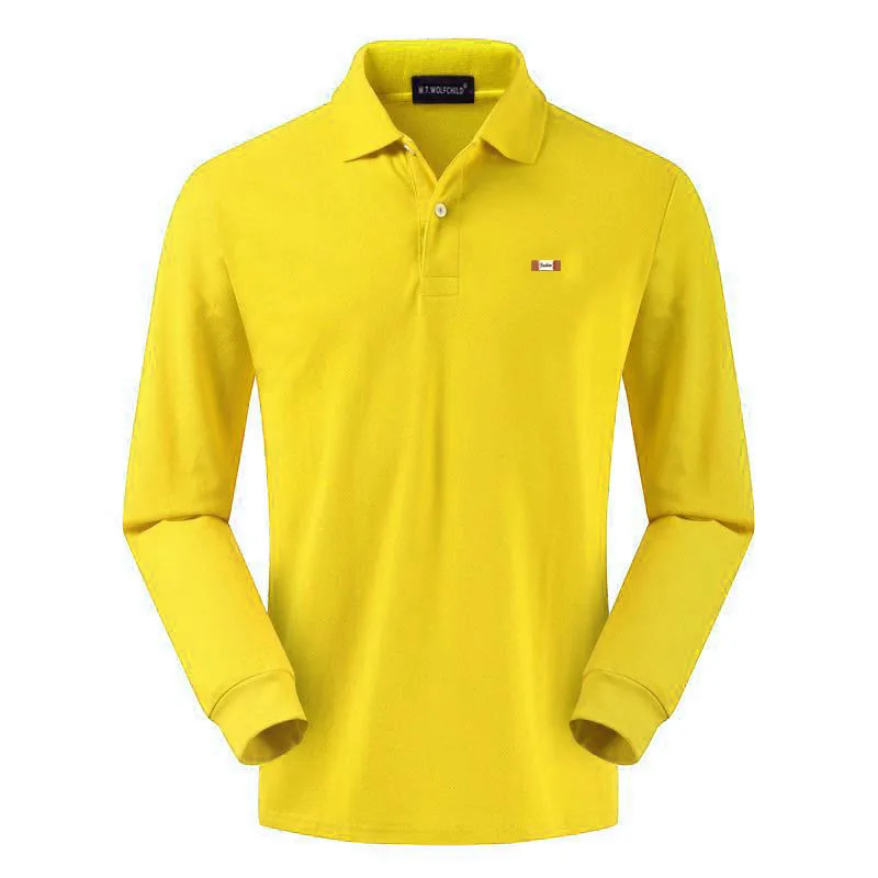 XS-4XL, высокое качество, весна-осень, мужские рубашки поло с длинным рукавом, хлопок, повседневные однотонные мужские рубашки поло, мужские топы - Цвет: Dark yellow