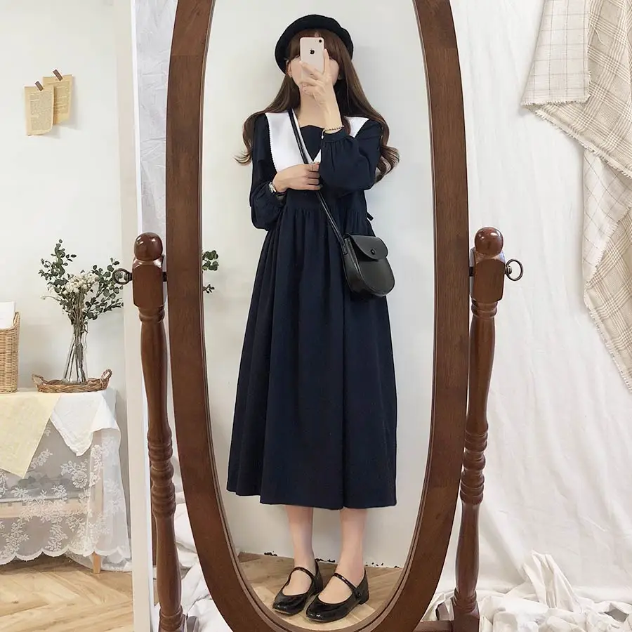 Осень-зима Базовые платья длинные милые девушки темно-синий консервативный стиль Корея японский дизайн ретро Vintege женское платье 8328
