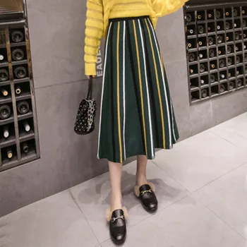 

Winter Chic Knitted Skirts Women High Waist Striped Midi Skirt Autumn Vintage Sweater Tutu Skirt