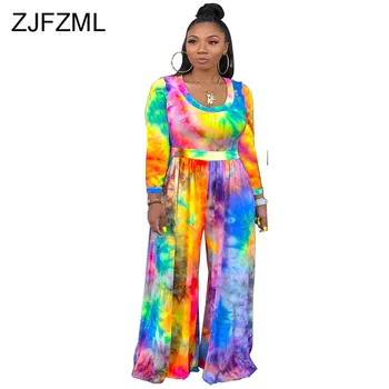 

Colorful Tie Dye Sexy Wide Leg Jumpsuit Women Scoop Neck High Waist One Piece Overalls Causal Long Sleeve Loose Party Bodysuits