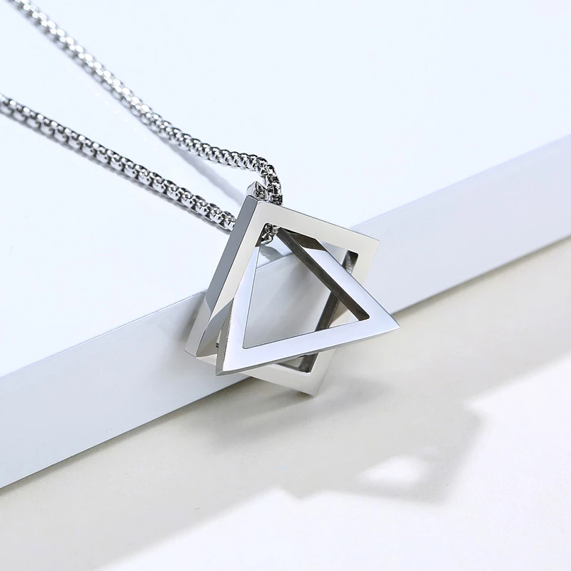 POPULAR INTERLOCKING SQUARE TRIANGLE MALE PENDANT FOR MEN STAINLESS STEEL MODERN TRENDY GEOMETRIC STACKING STREETWEAR NECKLACE