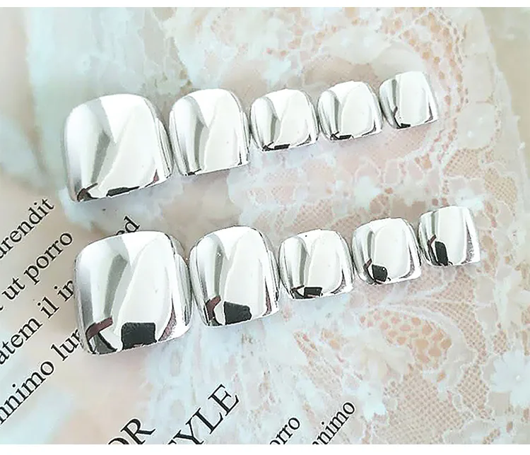 Summer New Style Wear Nail Tips Toenail Patch Fake Nails Finished Product Silver Metal Toenails Stickers